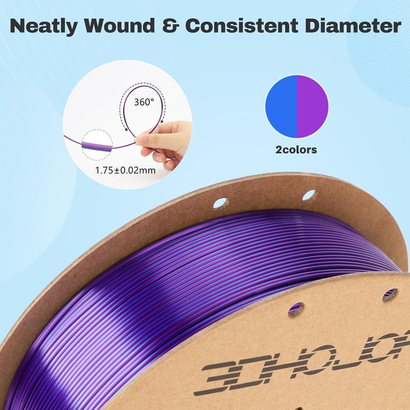 3DHoJor Silk PLA Filament 1.75mm Blue Purple Dual Color PLA 3D Printer Filament 2 in 1 Coextrusion 1KG Spool(2.2lbs) 3D Printing Filament Dimensional Accuracy +/- 0.03mm Fits for Most FDM 3D Printers - Image 3
